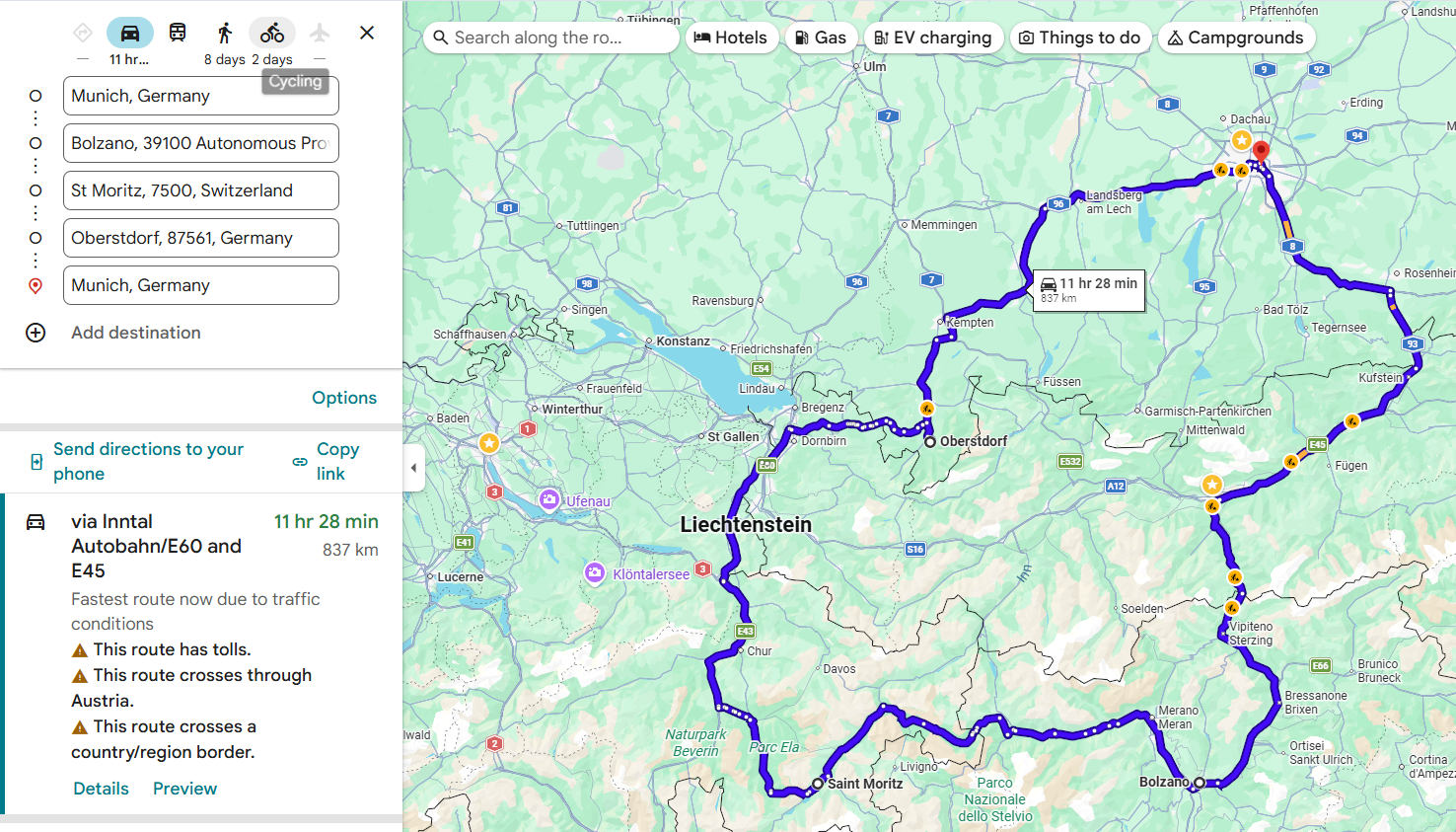 A five-stop route: Munich to Bolzano to St Moritz to Oberstdorf and back to Munich, with the Add destination link below the list
