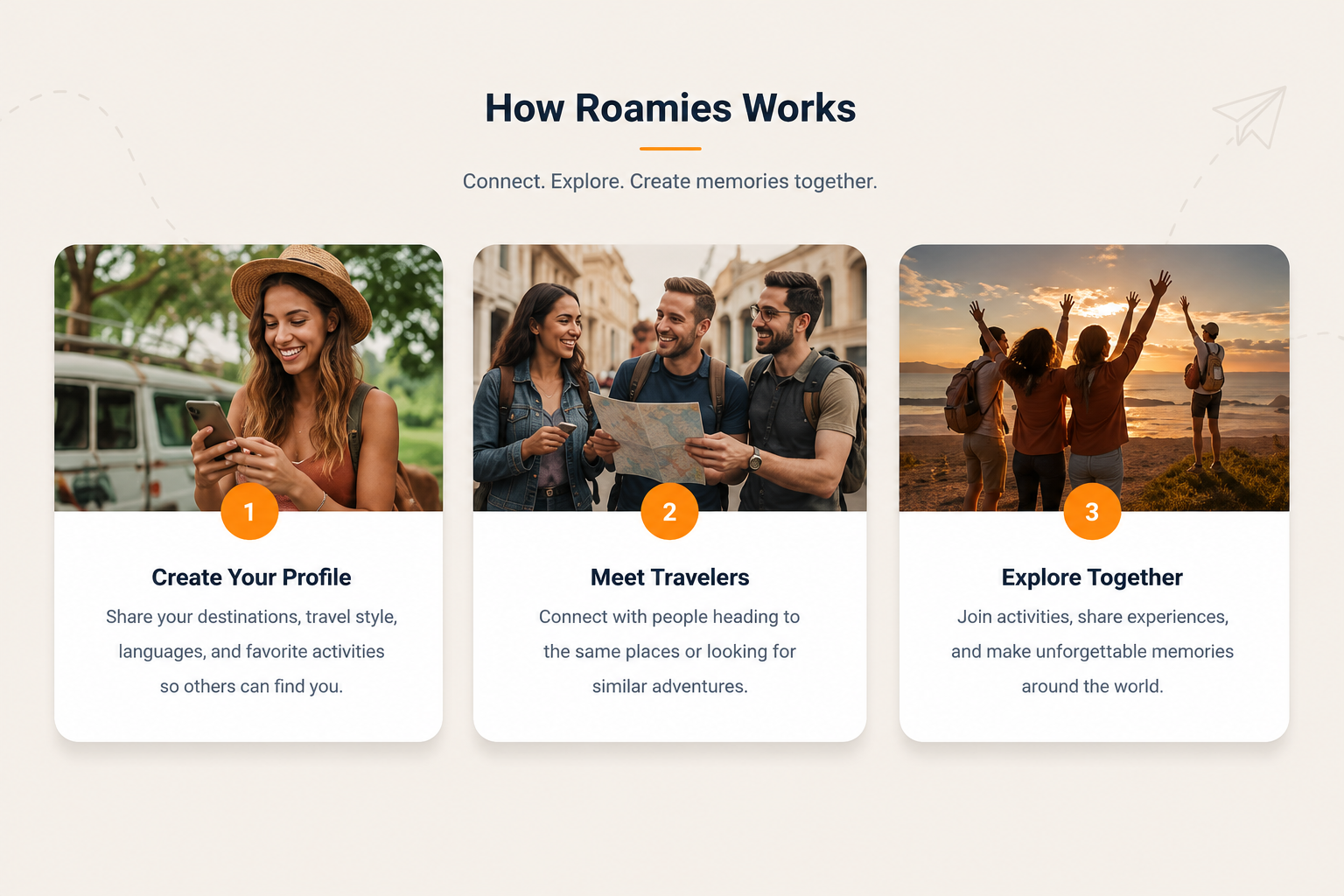 How Roamies Works: Create your profile, meet travelers, explore together